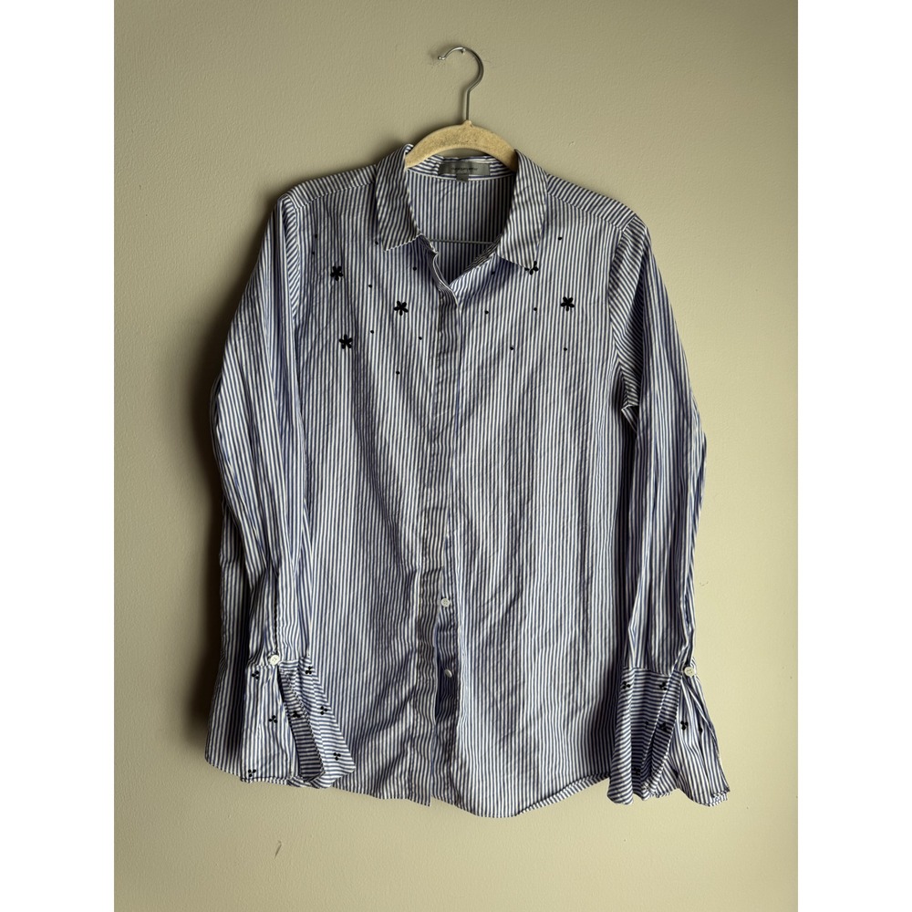 Classiques Entier Blue White Striped Embroidered Bell Cuff Cotton Shirt Medium